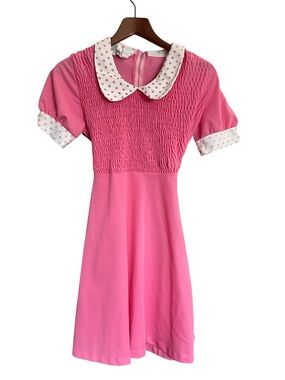 jcpenney Pink Smocked Dress with Polka Dot Peter Pan Collar 1970s Mae in USA